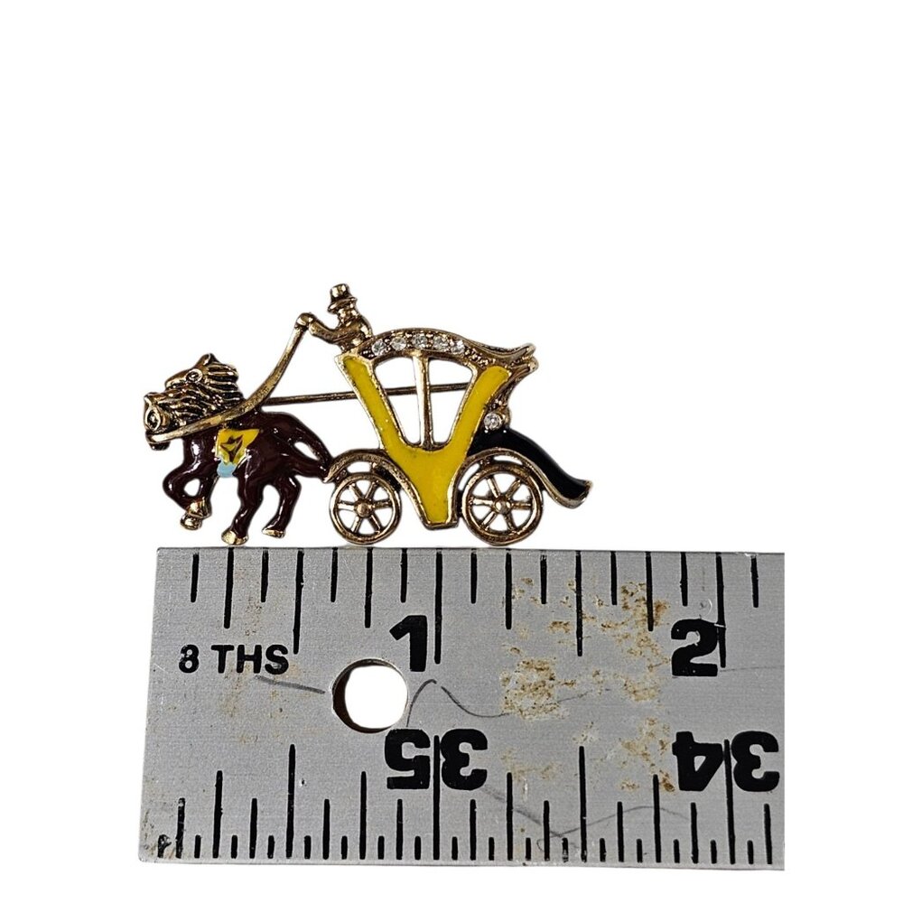 Vintage Horse & Carriage Brooch Gold Tone Enamel Rhinestone Victorian Style Pin - Picture 3 of 5